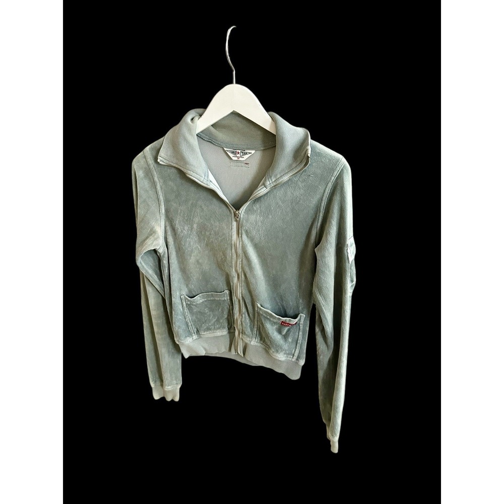 Hard Tail Forever Y2K Womens Velour Track Jacket Small Vintage Mint Green Faded
